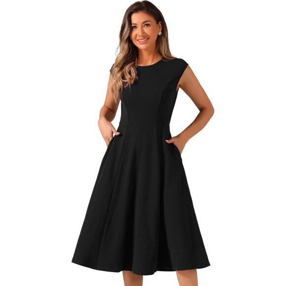 Dresses & Skirts - Women's Black Polyester Spandex A-Line Dress with Pockets for Work and Events